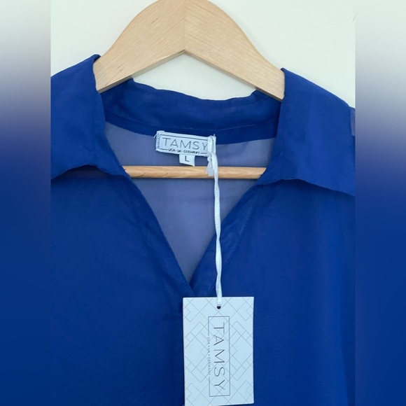 Tamsy Womens Blue Cover Up Shirt Dress Large Beachwear Button Up Billowy Sheer - Picture 8 of 17